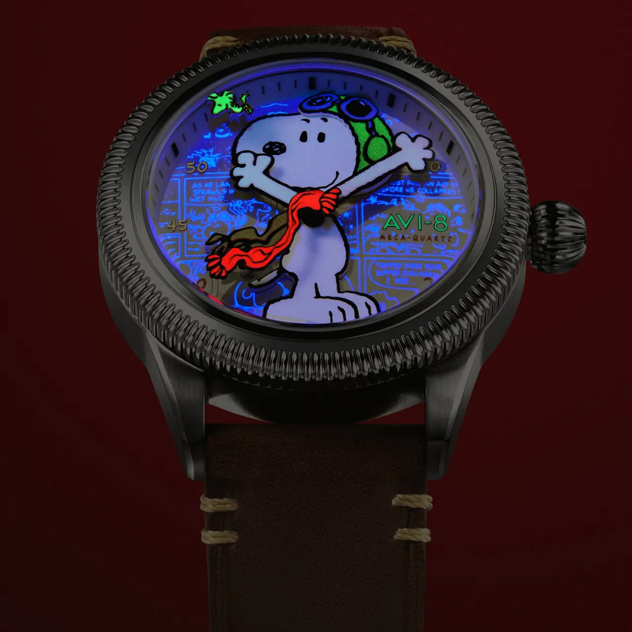 AVI-8 Flyboy Airmaster 40 Meca-Quartz Peanuts Snoopy Flying Ace Camel Brown AV413801 detay görseli 4