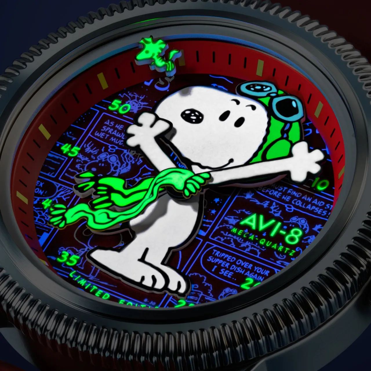 AVI-8 Flyboy Airmaster 40 Meca-quartz Peanuts Snoopy Flying Ace Limited Edition Doghouse Red AV413802 detay görseli 4