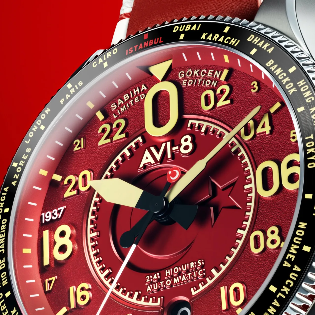 AVI-8 Spitfire Sabiha Gökçen 24 Hour Automatic Red AV414402 detay görseli 4