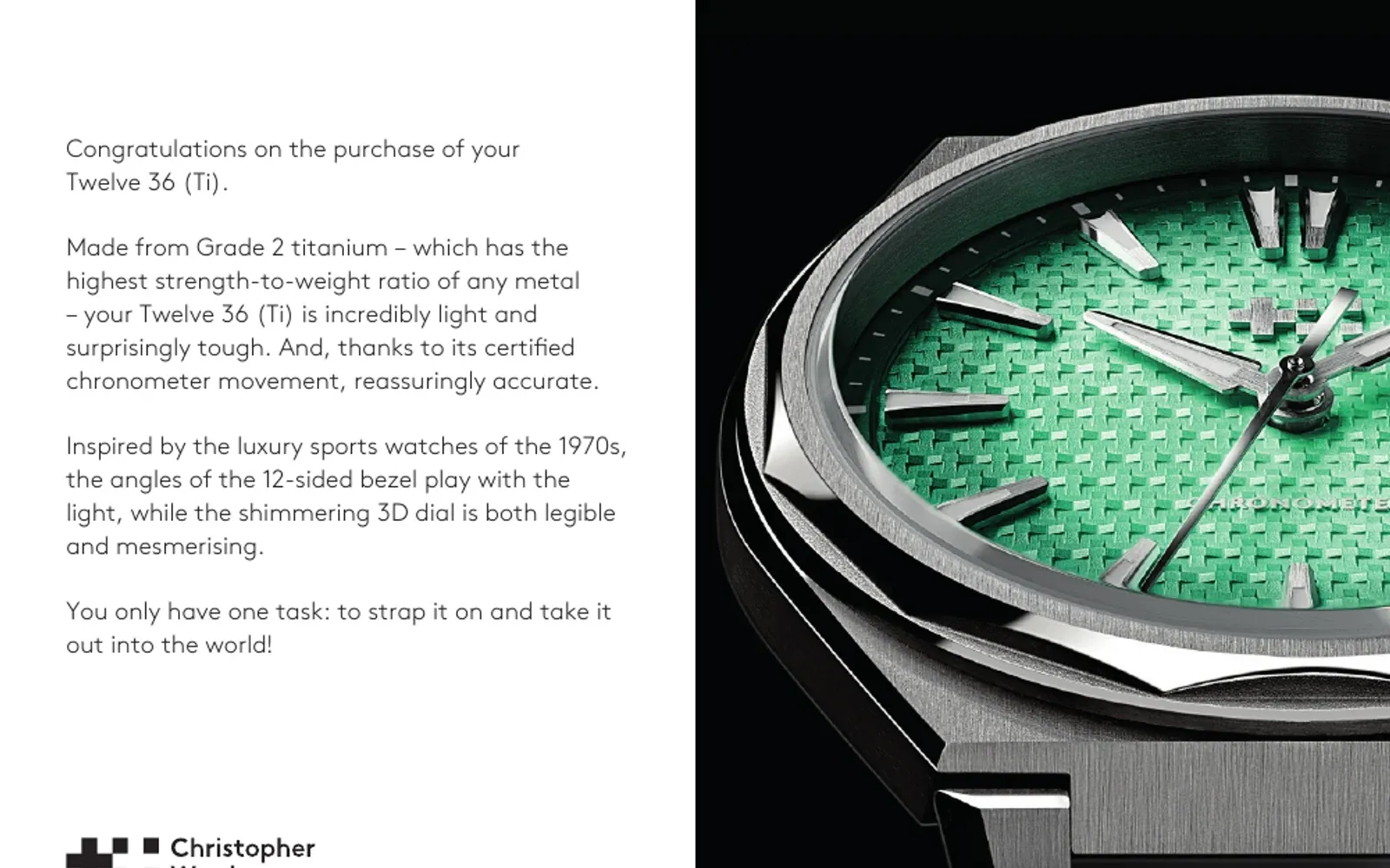 Yeşil kadranlı 36 mm titanyum Christopher Ward The Twelve