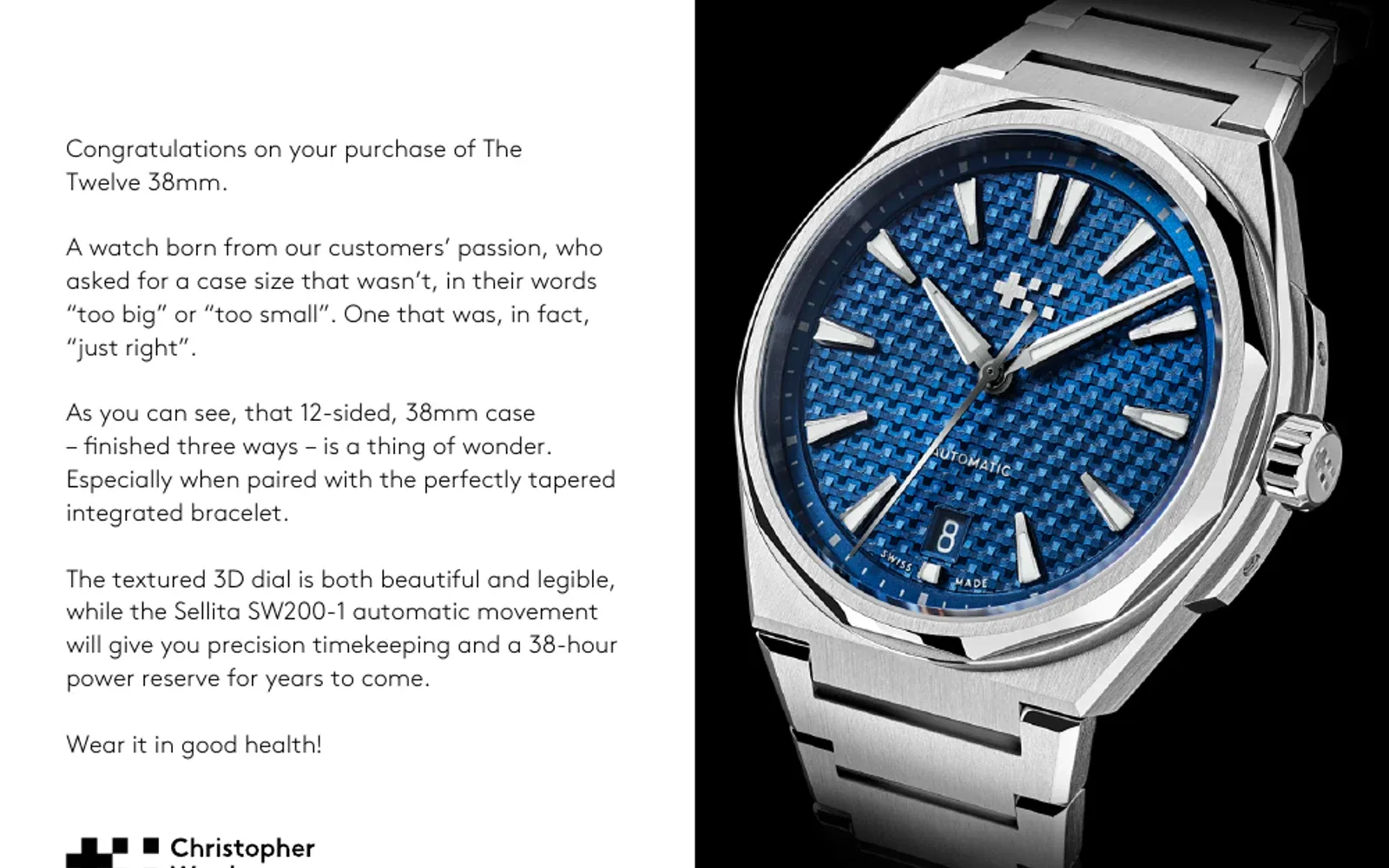 Mavi dokulu kadranlı 38 mm Christopher Ward The Twelve