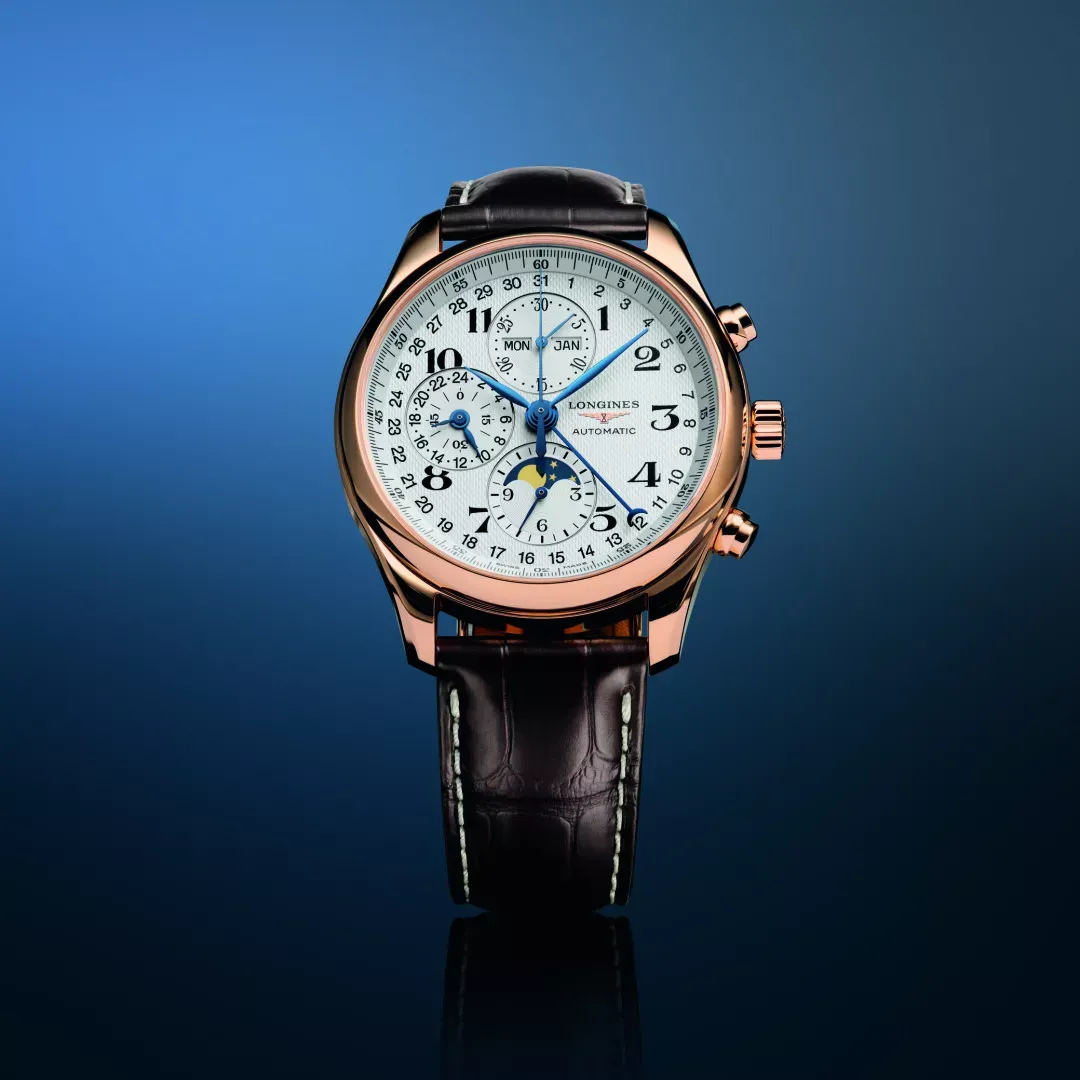 2025 Longines Master Collection pembe altın kronograf ay fazı modeli